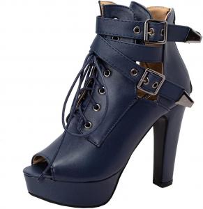 Женские босоножки с открытым носком, шнуровкой сзади и молнией, ботильоны на щиколотке с ремешком и пряжкой, платформа, модные массивные высокие каблуки, гладиаторские сандалии для женщин Generic, Blue