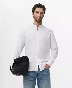 Мужская рубашка из льна с воротником мао Mango, синий