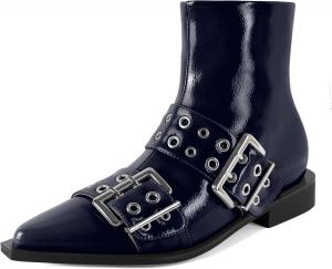 Женские ботильоны SAMMITOP с низким толстым каблуком, классические заостренные носки, боковая молния, ботильоны Челси с металлической пряжкой и люверсами, каблук 3 см, Patent Navy