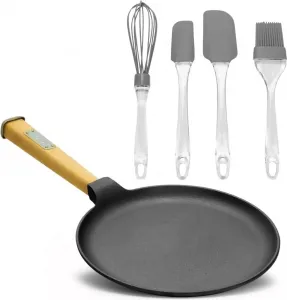Сковорода для блинов, чугунная, 24 см, деревянная ручка, съемная, набор из 4 силиконовых аксессуаров - Идеальный набор для блинов, оладий и омлетов. BIG-PAN