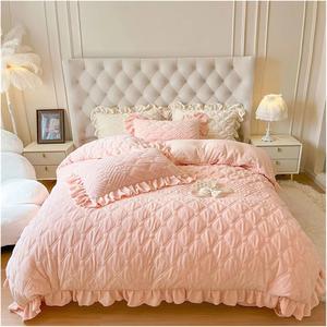 MAIYO Комплект постельного белья MaiyO Milk Velvet бархатный флис с алмазной вышивкой и рюшами Pink