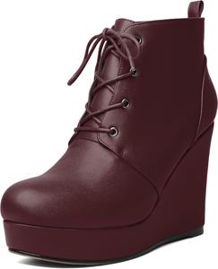 Женские ботильоны AUMOTED с круглым носком, на шнуровке, на платформе и каблуке-клине, 10 см, теплые ботинки для вечеринок и вечеров, Matte Burgundy