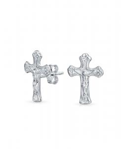 Серьги-гвоздики в виде католического распятия и креста - подарок на первое причастие из стерлингового серебра Bling Jewelry, Silver a