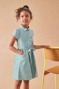 Школьное платье из хлопка с принтом виши поясом и резинкой для волос Next, зеленый