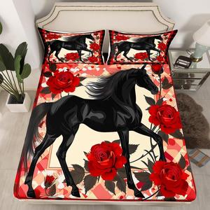 Erosebridal Комплект постельного белья Horse в стиле вестерн с принтом красных роз и животных, Black Red