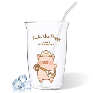 Стеклянные стаканы KAWASIMAYA, [Color Box Included]Lulu Pig Glass Cup Version A, With Glass Straw