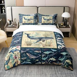 Erosebridal Хлопковый комплект постельного белья с ретро-морским принтом, 3D киты и морские животные, Multi 07