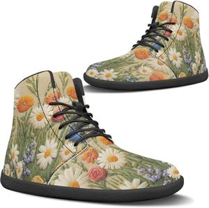 Женские ботинки без каблука зимой с широкой носочной частью, утепленные, для прогулок, уличные, противоскользящие, на щиколотку Pugasmiru, Embroidery Flowers Pattern