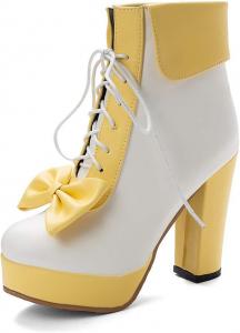 Женская мода Ботильоны на высокой платформе с толстой подошвой и шнуровкой Бантик Лолита Короткие сапожки LYYSKY, Yellow