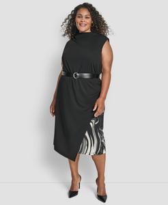 Платье миди без рукавов с воротником-стойкой и поясом, больших размеров DKNY, Black/Ivory
