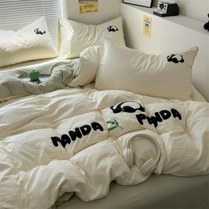 AVIVI Постельное белье 3 предмета, простыня, пододеяльник 150x200 см, панда, кремово-зеленый