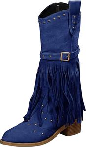 Женские ковбойские сапоги Fringe с широким голенищем, западные ковбойские сапоги с кисточками, заостренным носком, без застежки, в ретро-стиле, классические сапоги средней длины для верховой езды с массивным каблуком, для свадеб и вечеринок Toumov, Blue