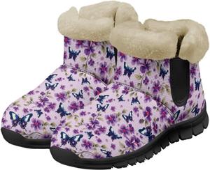 Женские зимние ботинки Jeiento Butterfly с мехом, пушистые, утепленные, удобные для зимы, Purple Butterfly Flower