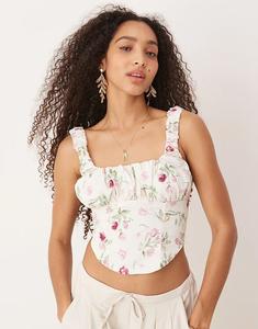 Корсетный топ Gina Tricot с принтом роз и шнуровкой на спине, белый цвет