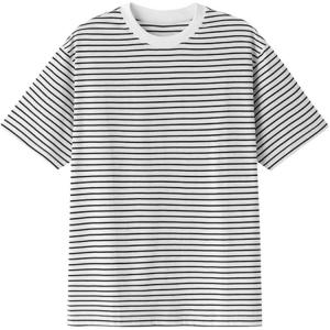 Футболка мужская с круглым вырезом, умеренный прямой крой MUJI, белый × stripes