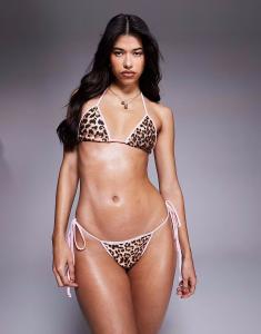 Комплект бикини с розовой отделкой и вырезом халтер, с леопардовым принтом Missyempire