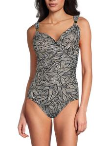 Слитный купальник с принтом в виде листьев и сборками Miraclesuit, цвет Black White Multi