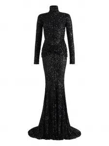 Платье макси с высоким воротником и пайетками PATOU, черный