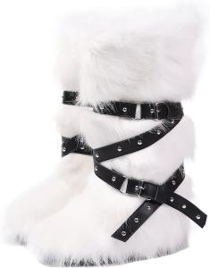 Женские зимние сапоги Y2K до бедра с искусственным мехом, высокие плюшевые снежные ботинки, панк, с пряжками и заклепками, готический стиль Keridean, A-White