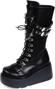 Женские ботильоны UOQAPRE с высокой платформой, средний каблук, грубый толстый каблук, круглый носок, боковая молния, зимние панк-ботинки для женщин, Black-J