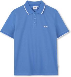 BOSS Boys Short Sleeve Knit Polo Shirt, мягкая и дышащая, школьная форма с полосатым воротником, Ocean Blue