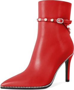 Женские ботильоны SAMMITOP, короткие сапожки с заостренным носком, стойка-кубита на высоком каблуке, модные туфли с бусинами, жемчужной пряжкой, для платья, каблук 4 дюйма