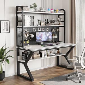 Компьютерный стол Xinmeikai 140x60x170 см с полками и перфорированной панелью, черный каркас + белый в полоску