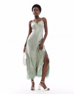 Платье-макси Miss Selfridge из атласа с бретельками зеленого цвета с металлическим оттенком