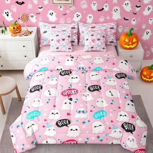 Erosebridal Комплект постельного белья Happy Halloween Kids с милыми привидениями и сердечками в розовом готическом стиле, Pink Blue Black