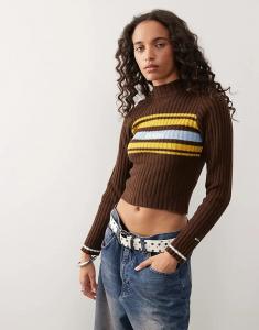 Коричневый джемпер Kickers с высоким воротом и полосками в стиле ретро