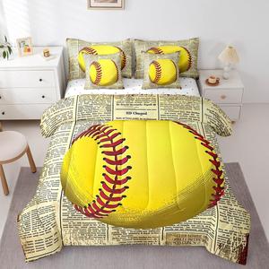 Erosebridal Комплект постельного белья Kids Baseball Game с 3D принтом бейсбольных мячей в ретро стиле, Beige Yellow