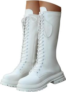 Ботинки на шнуровке для женщин с платформой, высокие до колена, модные, удобные, с боковой молнией, широкой голенью, массивным каблуком, осенней подошвой, готические байкерские сапожки Generic, White