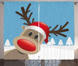 Рождественская деревенская штора ABAKUHAUS, Шапка оленя Рудольфа, присборенная штора для спальни с петлями и крючками, 280 x 245 см, бледно-голубой, красный, светло-коричневый Abakuhaus