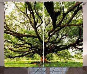 Шторы ABAKUHAUS Natural Rustic, Majestic Tree, Таиланд, универсальные ленточные шторы для гостиной с петлями и крючками, 280 x 225 см, зелено-коричневый цвет Abakuhaus