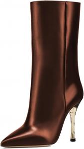 Женские сапоги FYS Fashion с заостренным носком и средней голенью, золотые туфли-кубики на шпильке, короткие ботильоны на молнии, платье, обувь для вечеринок, осень, размер 4-16 US, Brown