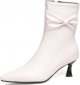 Женские ботильоны с низким каблуком-стилетто с заостренным носком и боковой молнией, элегантным бантом и праздничным дизайном JOEUSTY, White