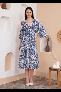 Платье-миди большого размера с развевающимися рукавами, присборенной талией, V-образным вырезом и цветочным принтом HOXTON GAL, синий