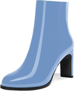 Женские ботильоны с круглым носком из лакированной кожи с молнией, на высоком каблуке 3,3 дюйма DEMOSHINE, Light Blue
