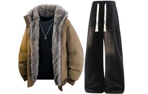 Повседневная спортивная одежда Unisex с лацканом Lapel Moderate X1617, coffee mountain hawk jacket+черный fleece-lined sweatpants