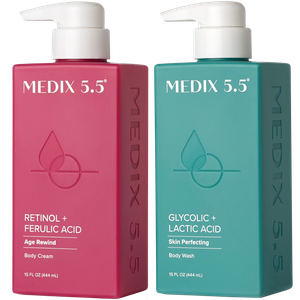 Крем для тела с ретинолом и феруловой кислотой, а также отшелушивающий гель для душа с гликолевой кислотой и молочной кислотой. Medix 5.5