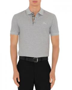 Эдди Хлопковая Пике Поло с Вышитым Всадником и Клетчатой Планкой Узкого Покроя Burberry, серый