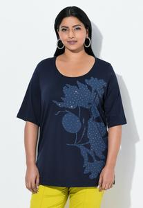 Футболка Ulla Popken RHINESTONE LEAF MOTIF SHORT SLEEVE, Dark Marine/Dark Blue