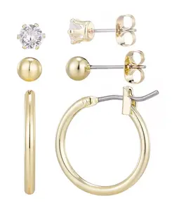 Позолоченный комплект из кольца, сережек-солитеров и шариков Adornia, gold