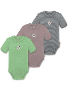 Normani Outdoor Sports Комплект из 3 унисекс детских комбинезонов с короткими рукавами и боди с короткими рукавами из мериносовой шерсти, с пуговицами, серого/розового/зеленого цвета