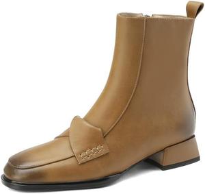 Женские ботильоны TinaCus из натуральной кожи, ручная работа, с круглыми носками, низким массивным каблуком и боковой молнией, повседневные, Khaki
