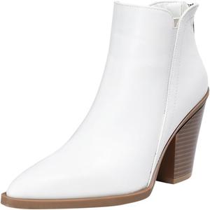 Женские ботильоны Челси с острым носком, массивным каблуком средней высоты, на задней молнии, модные кожаные, короткие ретро-ботинки Generic, White