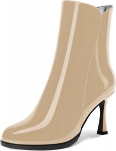Женские ботильоны на высоком каблуке 3,3 дюйма с круглым носком, молнией и лакированной кожей, свадебное платье DEMOSHINE, Beige