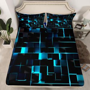 Erosebridal Синий черный геометрический комплект постельного белья с неоновым свечением, стереоскопический квадратный дизайн, Multi 03