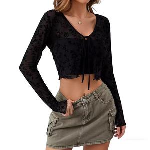 Женский кардиган с V-образным вырезом, длинными рукавами, завязкой спереди и рюшами по низу Clearflower, Black