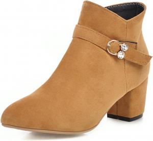 Женские замшевые ботильоны на массивном каблуке с заостренным носком и ремешком с пряжкой со стразами, осенние удобные с боковой молнией, короткие ботинки для офиса, деловых встреч, свиданий и свадеб NXNBHSL, Yellow